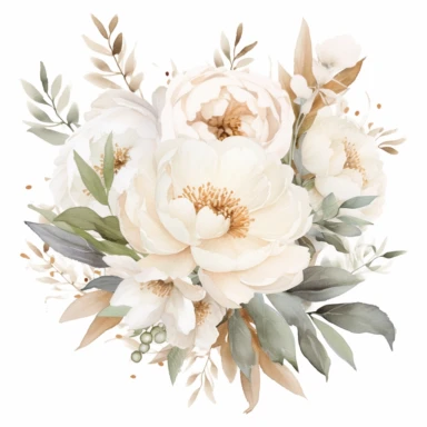 white and beige watercolor Peony Bouquets with leaves in the background, soft muted color, clipart, multiple flowers in a bouquet, different composition, ultrarealistic, high details, emotive fields of color, charming illustrations, bloomcore, fairycore, soft color, whimsical, isolated on white background