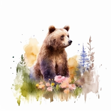 detailed watercolor clipart, photography style, beautiful bear, in a meadow, HDR, spring floral,self shadow, white background