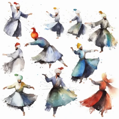 Watercolor Turkish Mevlana museum ., illustrations clipart set, simple, , cartoon elements, different variants , whirling male dervishes where one palm of hand faces the sky the other plam faces the ground, different poses , separate elements with a margin