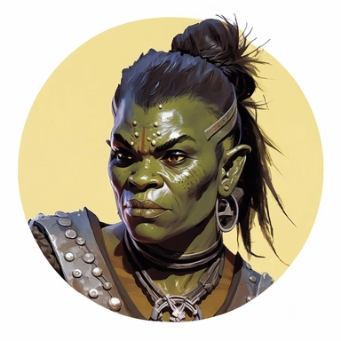 regency female African Asian orc orcish noble soldier, Josh Kirby Mad Max Lord of the Rings, handpainted enamel punk zine indie retrowave, clipart illustration character portrait, circle white background