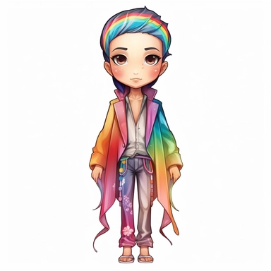 full body clipart of man wearing rainbow clothes in Jasmine Becket-Griffith style, logo style, soft colors, clean edges, refined edges, stunning, captivating, contour, isolated white background