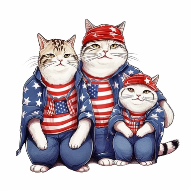 a family of fat chubby cat on 4th of July dressed in America t-shirts, funny, very funny, clipart with crisp lines and white background