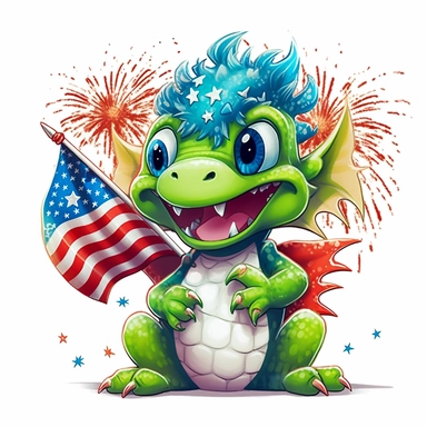 illustration of cute green baby dragon in red white and blue american flag colors, celebrating 4th of july with fireworks, clipart svg, white background