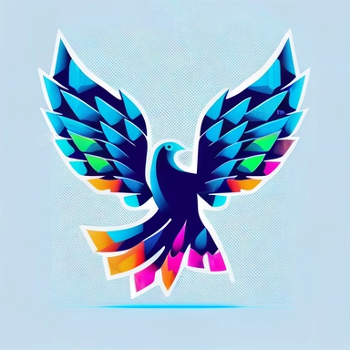 Create a logo for a digital clipart store featuring a dove. The dove should be depicted in a stylized and modern way, representing creativity, inspiration, and the digital nature of the store. The dove's shape should be sleek and streamlined, with clean lines and geometric elements. It can be illustrated in a dynamic pose or incorporating abstract design elements. The colour palette should be vibrant and eye-catching, incorporating a mix of bold and energetic colours that reflect the digital rea