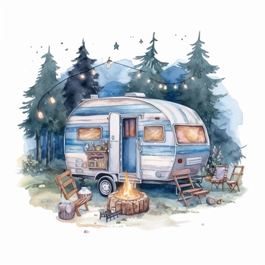 camping style cute caravan in the campground at the night with watercolor effect,night landcsape,camping tools,camping chairs and table,caravan pengola,forest landscape,suitable for digital clipart,white background