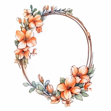 watercolor clipart of a empty suttle dainty floral oval frame surrounded by peach color flowers. Capture the essence of blooming beauty and intricate details in your artwork, white background