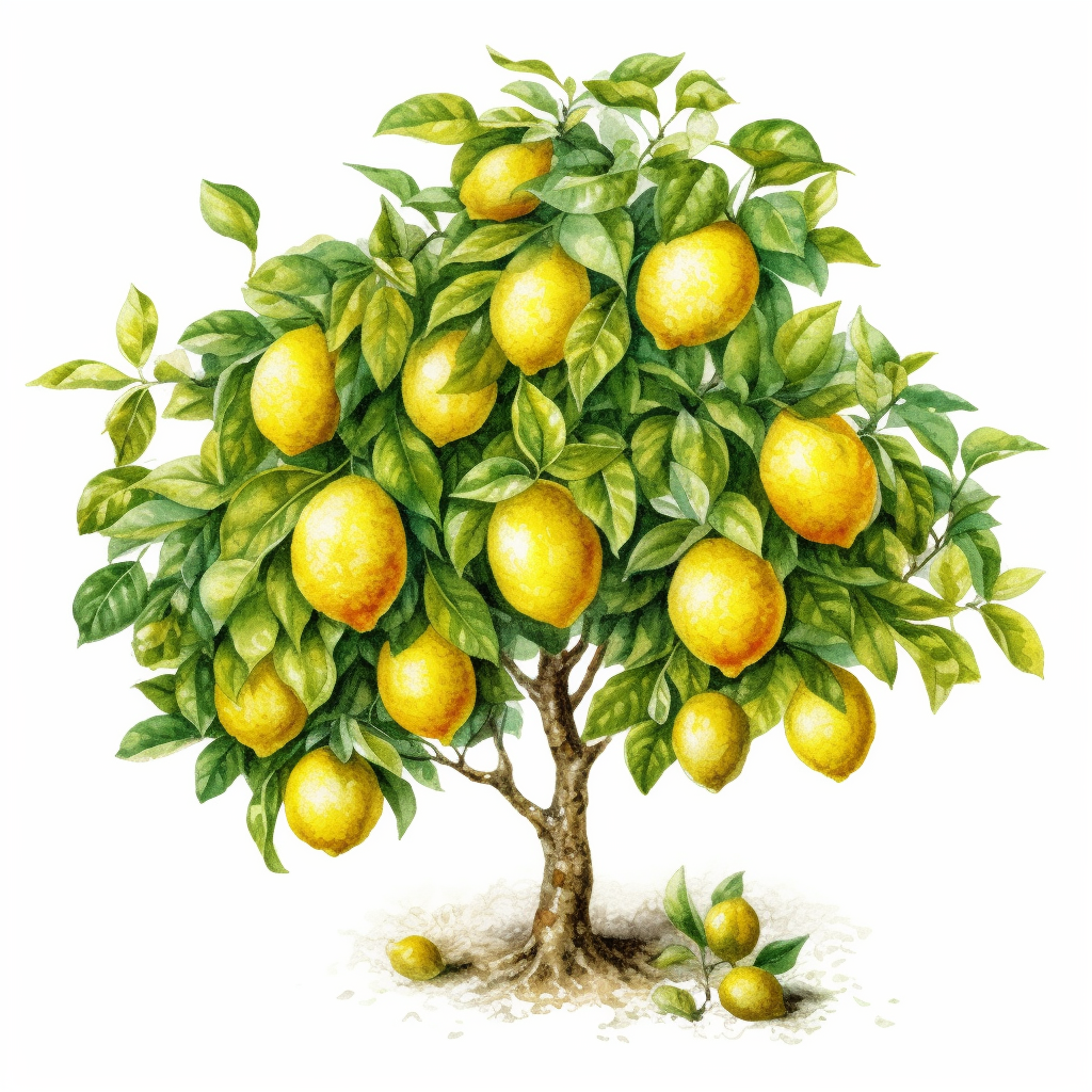 Watercolor Clipart Very Detailed Lemon Tree. White Background - Clip 