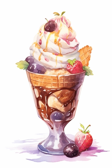 picturesque, a bright chocolate fudge sundae, clipart on white background, watercolor style, spring vibes, detailing in pastel colors, high quality, painted by Beatrix Potter, 8k