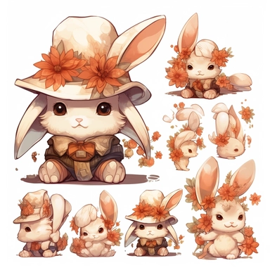 a set of clipart of a bunny, hat and flower, in the style of kawacy, expressive character designs, white and amber, gigantic scale, subtle ink application, hall of mirrors, mottled