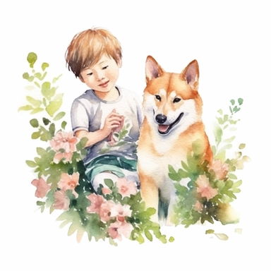 watercolor Shiba Inu and a beauty boy playing together in a rose garden realistic Clipart on white background