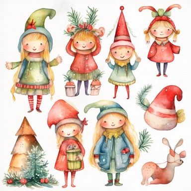 Create a set of watercolor clipart images with a whimsical Christmas theme. Include elements such as cute animals in festive costumes, playful elves, and magical Christmas scenes. The images should have a playful, lighthearted feel with clear lines and bright, cheerful colors. The clipart should be perfect for use in children's holiday crafts and other whimsical projects.
