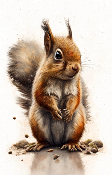 Woodland Animal Clipart Watercolor, cute, lovely, happy, funny, friendly full body furry brown grey red baby Squirrel, large emotive eyes, intense gaze, looking straight, large fluffy tail, white background, no plants, no grass, nursery clipart