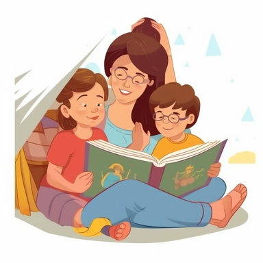Mom Reading Book for Her Children Clipart: Literary Adventure, Imagination Unleashed, garden Reading book, Family Storytime, Intellectual Bonding Camera Type: Mirrorless. Camera Lens Type: Zoom lens. Time of Day: Morning. Style of Photography: Lifestyle. Type of Film: N/A. Aspect Ratio: 4:3. Shooting Mode: Aperture Priority. Camera Settings: Aperture f/4.5, Shutter Speed Auto, ISO 400. Post-Processing Techniques: Light retouching, slight matte effect.