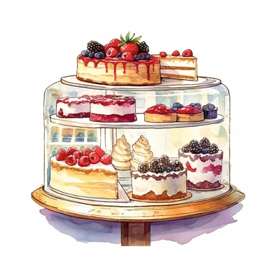 watercolor, hand drawn cheesecake in a bakery case clipart, hd, white background, spaced out--ar 3:2