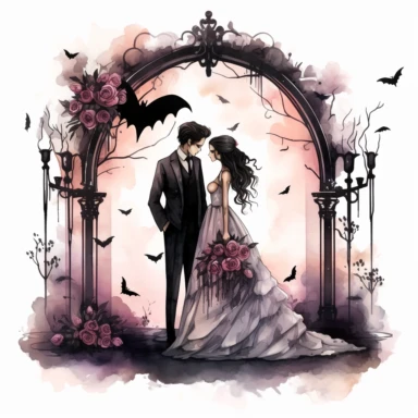 Lovecore. Clipart. A captivating gothic wedding illustration in a watercolor style with a touch of flat design. The artwork features a bride and groom in a whimsical and stylized representation. The composition is set against a clean white background, allowing the bold colors and clear contours to stand out. Emphasize the gothic theme with a color palette consisting of dark shades of black, deep purple, and other complementary neutral tones. The illustrations should have a minimalist aesthetic w