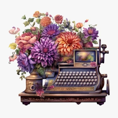 a watercolor enchanted old and used 1900 cash register profil view, enchanted collector's item surrounded by an arrangement of a number of dramatic extravagant saturated digital purple 3D dahlias, in the style of large-scale photography, lush detailing, watercolor style, pastel colors, playfully intricate, made of flowers, bloomcore, clipart, transparent png background