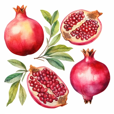 Trendy watercolor clipart featuring five luscious pomegranates with leaves per picture, showcasing the rich and vibrant hues of this exotic fruit. The watercolor medium brings out the juicy and textured appearance of the pomegranates, with intricate brushstrokes capturing the intricate details of their seeds and peel. The leaves add a touch of freshness and natural beauty to the composition, creating a visually appealing contrast. The trendy design incorporates a modern color palette, blending b