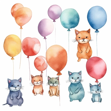 flying cat tied to a balloon clipart, balloons lined up side by side clipart , party balloons clipart, birthday party centerpiece, watercolor clipart