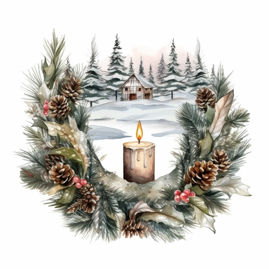 vintage design, advent wreath around, christmas theme oil paining Clipart Collection in beautiful winter landscape, advent wreath around, christmas theme, detailed, isolated, white background, one pattern