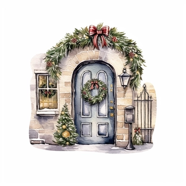 watercolor style, christmas door decorated with a circular christmas wreath, clipart, isolated on white background, 4K