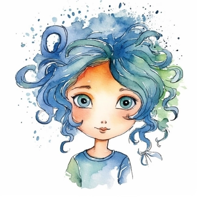 watercolour clipart of a girl, with crazy brawn hair, blue-gray eyes, the sweet and scatterbrained dreamer, with a great sense of humor. She immerses herself in the world of digital design, creating exquisite papers for scrapbook albums. Though she may of