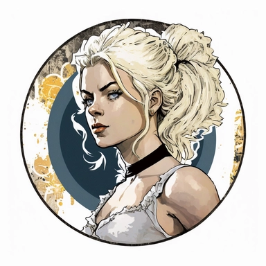 platinum blonde bohemian grunge young woman Super Saiyan, handpainted enamel, clipart illustration, circle white background, circular compound design border