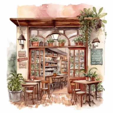 Italian vintage shop clipart, cozy, Watercolor, detailed, interior design, Italian cafe interior clipart, Italian cafe illustration, white background, no caption, no text