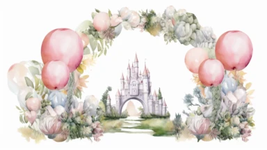 watercolour illustration, jungle smash pastel pink princess themed scene, pastel roses balloon arch, fairy tale, fairy tale pink jungle, leaves and balloons, clipart, sublimation graphics, by Beatrix Potter, watercolour clipart, unique design, print on demand image, transparent PNG background, white background, 8k