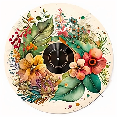 Clipart, vinyl record, vintage hippie flowers, watercolor, by Betsey Johnson, intricate, illustration, detailed, 8k, png, isolated on white background