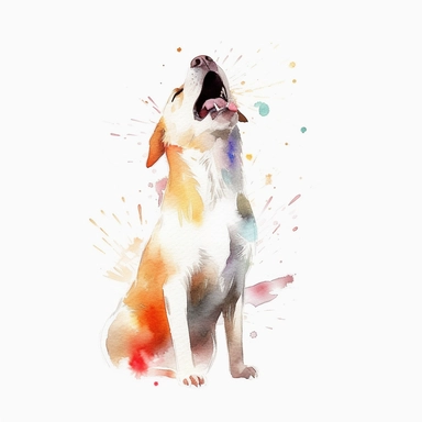 Watercolor dog barking clipart, white isolated background, space out, hd