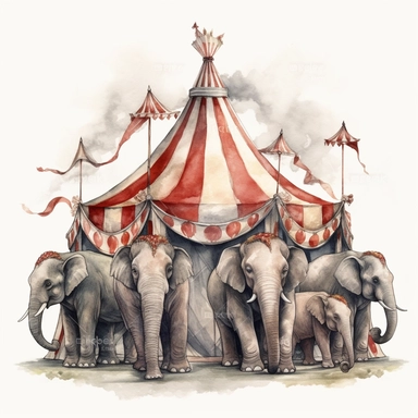 hand drawn vintage circus elephant pyramid, glamorous, soft, detailed and realistic, watercolor, clipart style, white background with margins