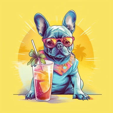 french bulldog, transparent backround,clipart,4k hd,full body,different positions,short sleved clothes,sunglasses, really really colorful,drinking lemonade with the sun behind him