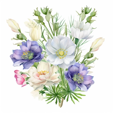 Edelweiss and Eustoma Ensemble Watercolor Art, Beautiful Realistic Clipart, Vibrant Colors, Creative Artistic, Emotional, Detailed, Isolated white background