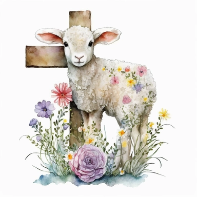 watercolor Easter cross, cute lamb with two ears and four legs, flowers, Easter element, clipart, on white background
