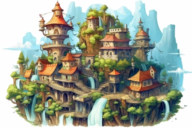 A vector clipart of a majestic waterfall in a fantasy village, cascading down rocky cliffs, surrounded by lush vegetation, and imbued with magical properties, in the style of breathtaking and dynamic vectors, viewed from a waterfall's perspective, hd, spaced out, on a white background