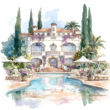 Watercolor drawing beautiful rich italian venue, wedding venue in flowers, piscina e scalinate,watercolor clipart, white background, isolated on white, 8k, watercolor style