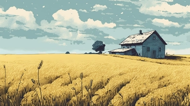in clipart style, pen and ink, minimalist, in the style of Eric Carle,You find yourself standing in the middle of a sprawling farm, surrounded by fields of tall golden wheat swaying gently in the breeze. The sky above is a brilliant shade of blue, dotted with fluffy white clouds that cast occasional shadows over the fields. In the distance, you can hear the sound of cows mooing