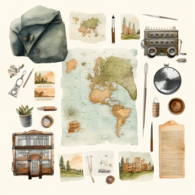 watercolour, travel theme, map, journal, soft and muted nuances, high quality detail, clipart, 8k, f1