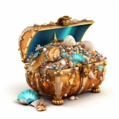 a treasure chest, brimming with untold riches, rests on the sandy ocean floor. The chest gleams with polished gold, adorned with intricate engravings that hint at ancient legends. , azure waters. Delicate seashells and shimmering pearls are scattered nearby, clipart, white background