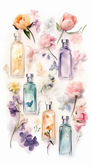 watercolor illustration. clipart. different shape of pastel perfume bottles with variation randomly placed on a white soft background. flowers. roots. sophisticated. made entirely out of different types of flowers and perfume bottles standing tall against a white background. The image is designed as a poster. perfect for printing and sharing with friends and family. knolling