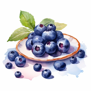 An Blueberry fruit with a slice cut out, placed on a plate or tray with other fruits or desserts , Watercolor, pastels, clipart, beautiful, colourfull, png transparent white background, high resolution, no caption q4 s2