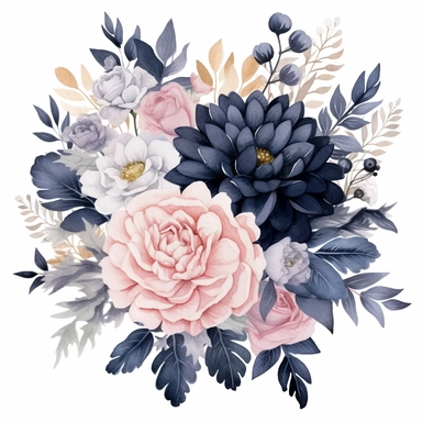 detailed painting of beautiful navy blue and blush pink flowers to be used for wedding clipart
