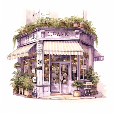 commercial shot of realistic vintage purple pastel french cozy cafe clipart, cute plants , french cafe, with plants plants, god rays, high quality, intricate design, clipart witchcore dreamcore cottagecore white background no text, isolated on white, ghibli style, award winning