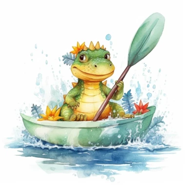 a cute dinosaur sitting in Kayak clipart,summer concept,watercolor illustration, high definition, white background for removing background- - no text shadow font watermark