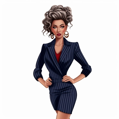 match this image style and render a full body perspective of a confident business woman in a navy pinstripe suit, shapely legs and and navy heels, 2d clipart illustration, white background