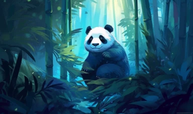 a panda in jungle trees in an animated clip, in the style of folk-inspired illustrations, dark indigo and green, the center of the picture is Baby blue,interactive exhibits, flat form, 2d game art, children's book illustrations, scientific illustrations, oil painting,