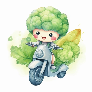 Create a clipart of a cute vegetable broccoli riding a motorcycle. Pastel colors. Kawaii style. White Background, soft lighting.
