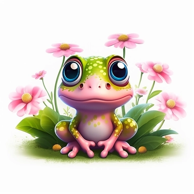 cute pink frog with big round eyes flowers, Illustration clipart, 4K, extremely detailed