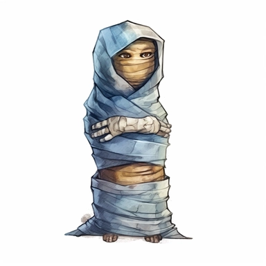 watercolor style, Mummy: A wrapped-up figure representing an ancient Egyptian mummy, depicted with bandages and glowing eyes. clipart, isolated on white background, 4K
