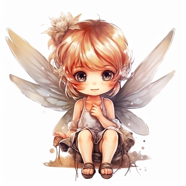 chibi little girl, big eyes, dressed as a fairy with wings on her back, beautiful and happy, she is sitting and head is turned towards camera, very detailed and realistic, watercolor, white background with margins, clipart style